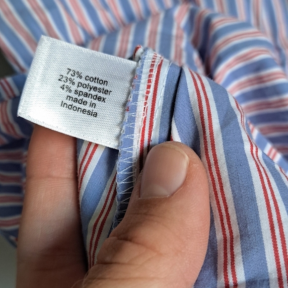 Lane Bryant Blue White and Red Striped No Peek Button Front Peplum Top - Picture 3 of 7